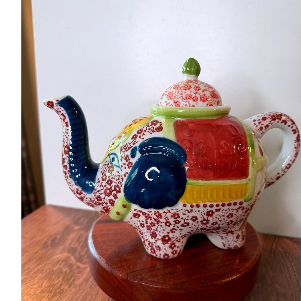 Vintage Colorful Patchwork Elephant Teapot Floral Ceramic Collectible